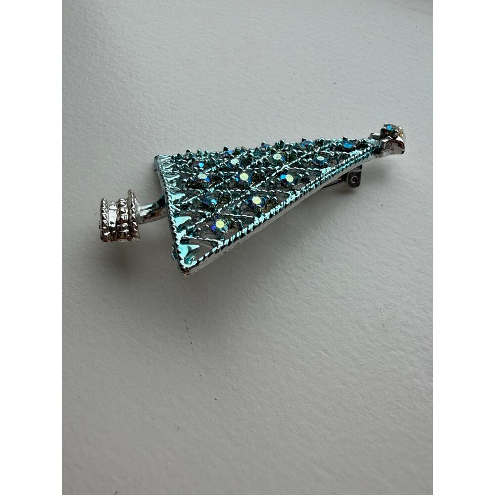 Vintage Silver Tone Blue Rhinestone Holiday Christmas Tree Brooch Pin - Picture 5 of 8
